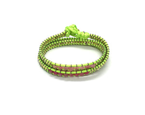 Wraparound pink garnet stone, fluo green cord and girls resin bead bracelet.