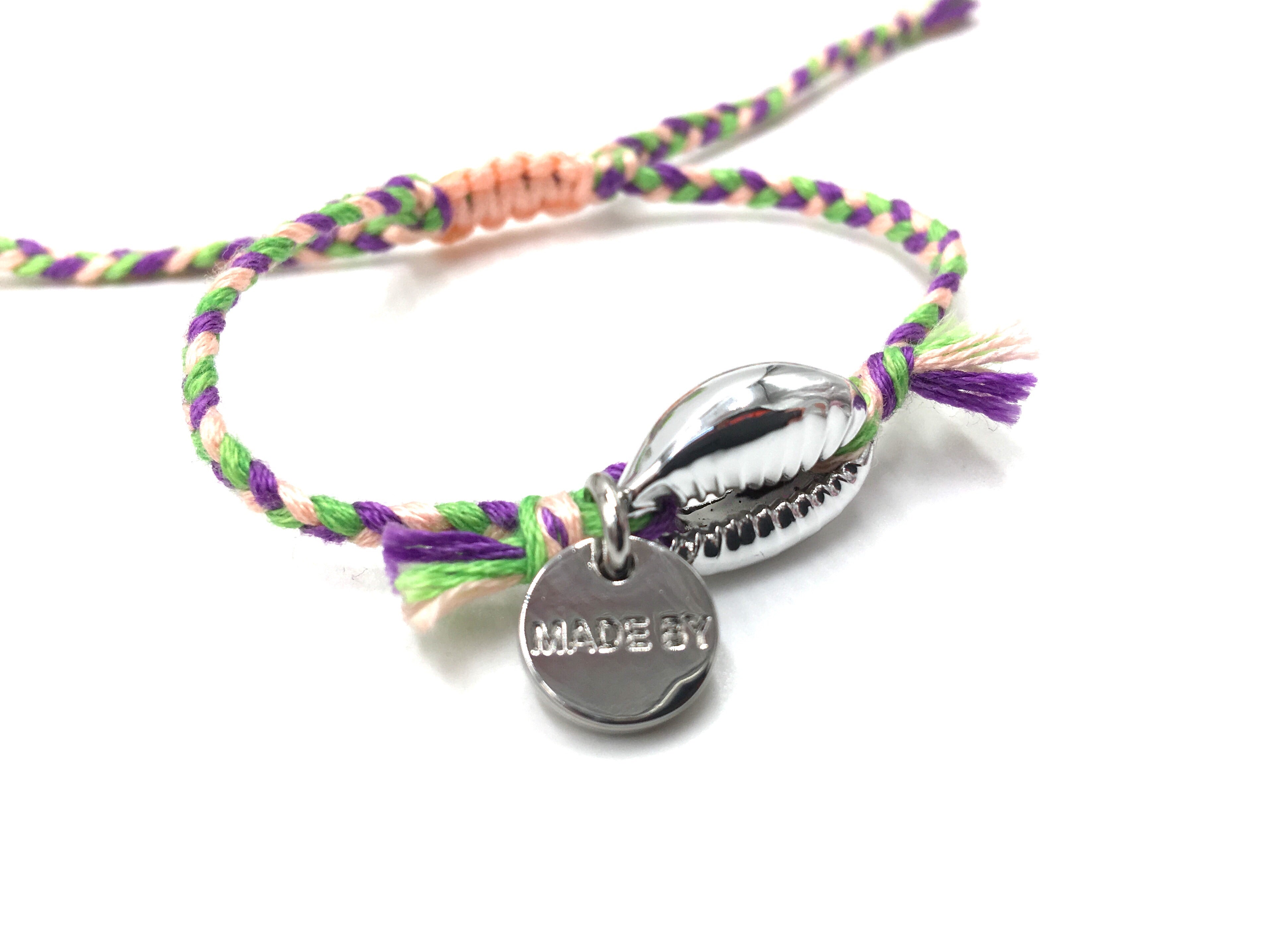 Silver shell bracelet, light pink, purple and grass green ‘cotton perlé’ braided cord