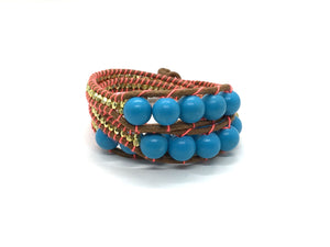 Triple Wrap around - turquoise small stone - brown cord - coral fluo thread