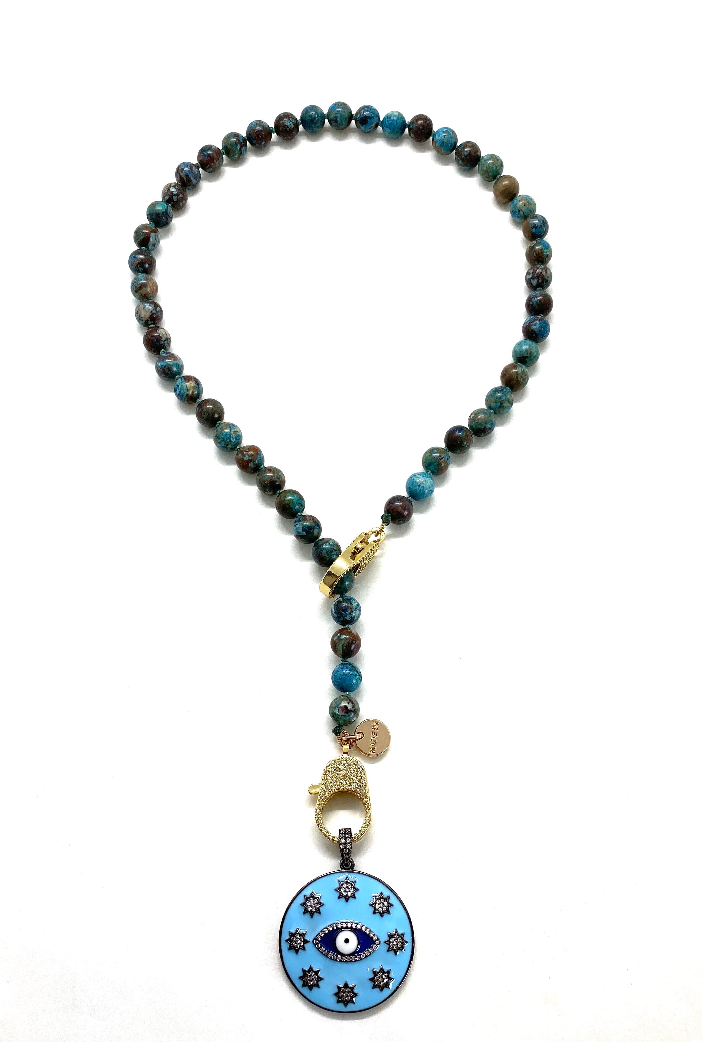 Blue crazy lace agate Gaia necklace, gold zirconia clips