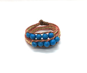 Triple wrap around bracelet- blue marble bead - brown cord - fluorescent pink thread