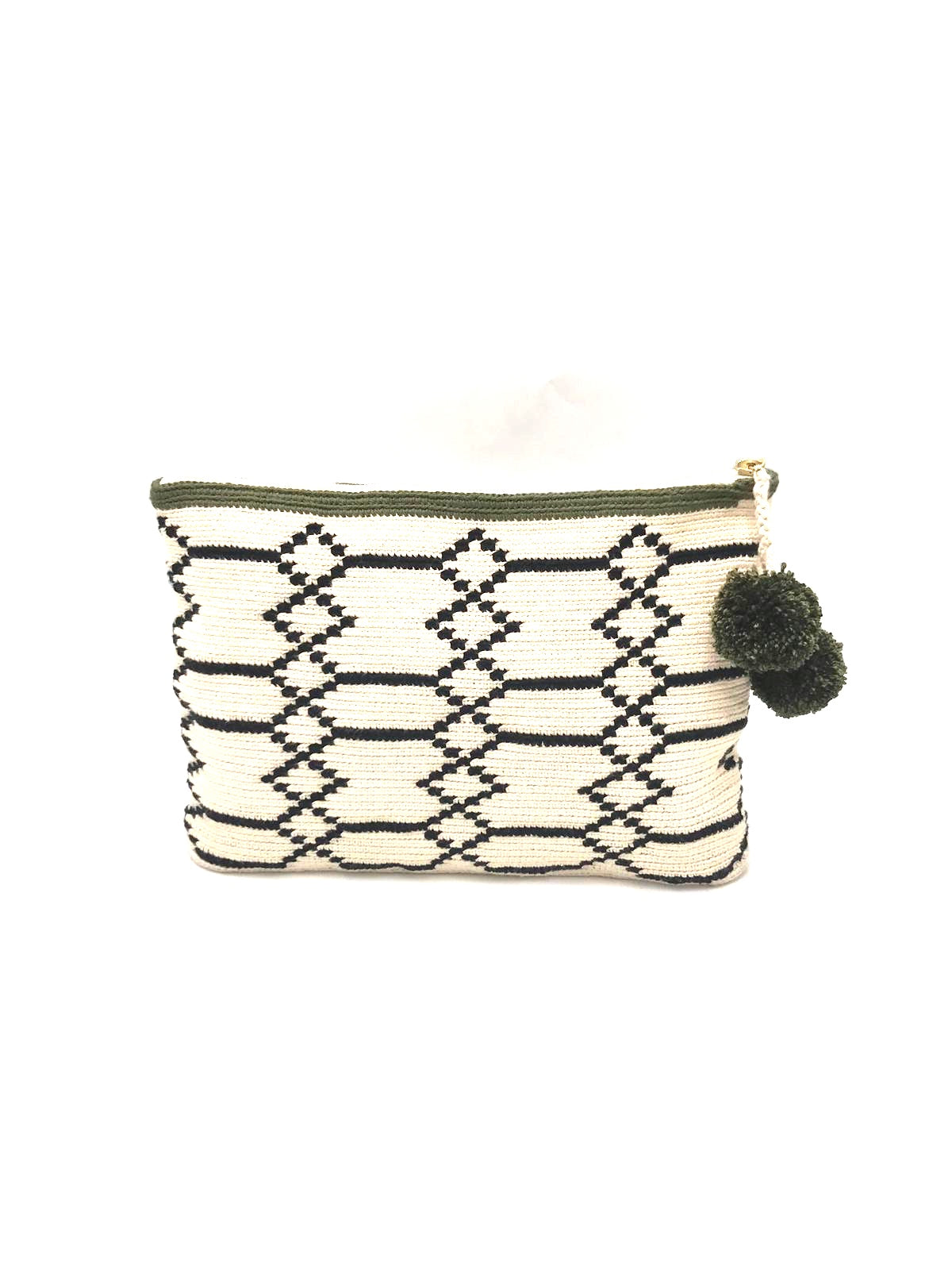 Clutch, Off white body, black sequence geometric pattern with pompom.