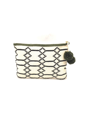 Clutch, Off white body, black sequence geometric pattern with pompom.