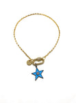 Clip to impact gold chain necklace, gold studded clip and blue star.