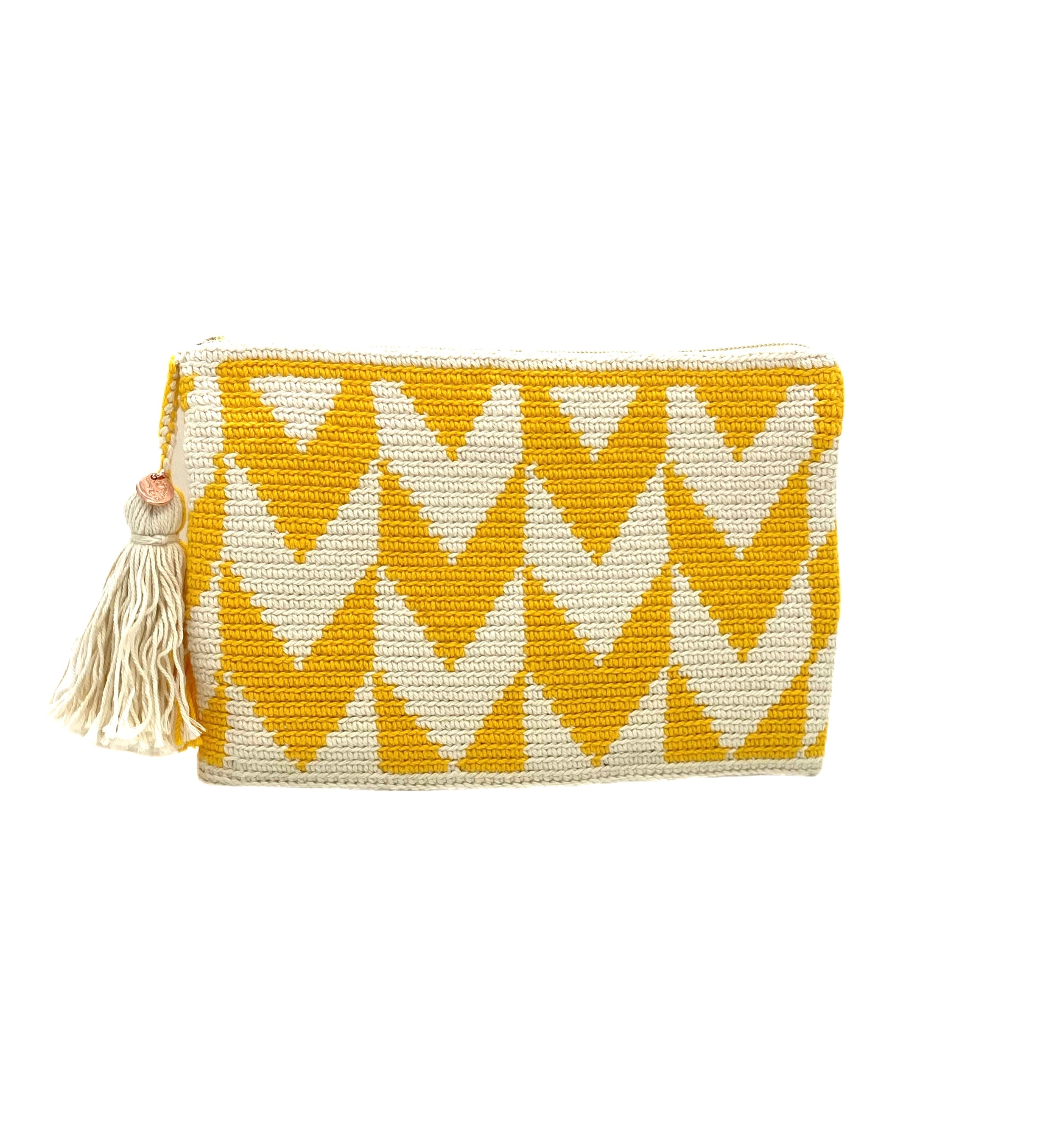 Clutch, beautiful V black and white pattern, with tassel.