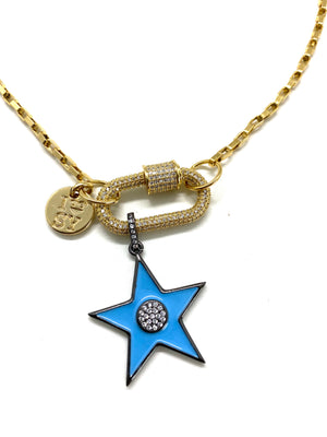 Clip to impact gold chain necklace, gold studded clip and blue star.