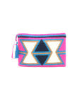 Clutch, Fluo Fuschia body, Inverted white triangles pattern with tassel.