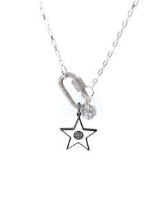 Hardware zirconia studded silver clip necklace white star.