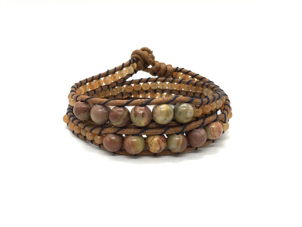 Wraparound bracelet jasper stone, light brown semi precious side bead, brown cord black thread.