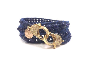 Blue sand wrap bracelet, gold clips