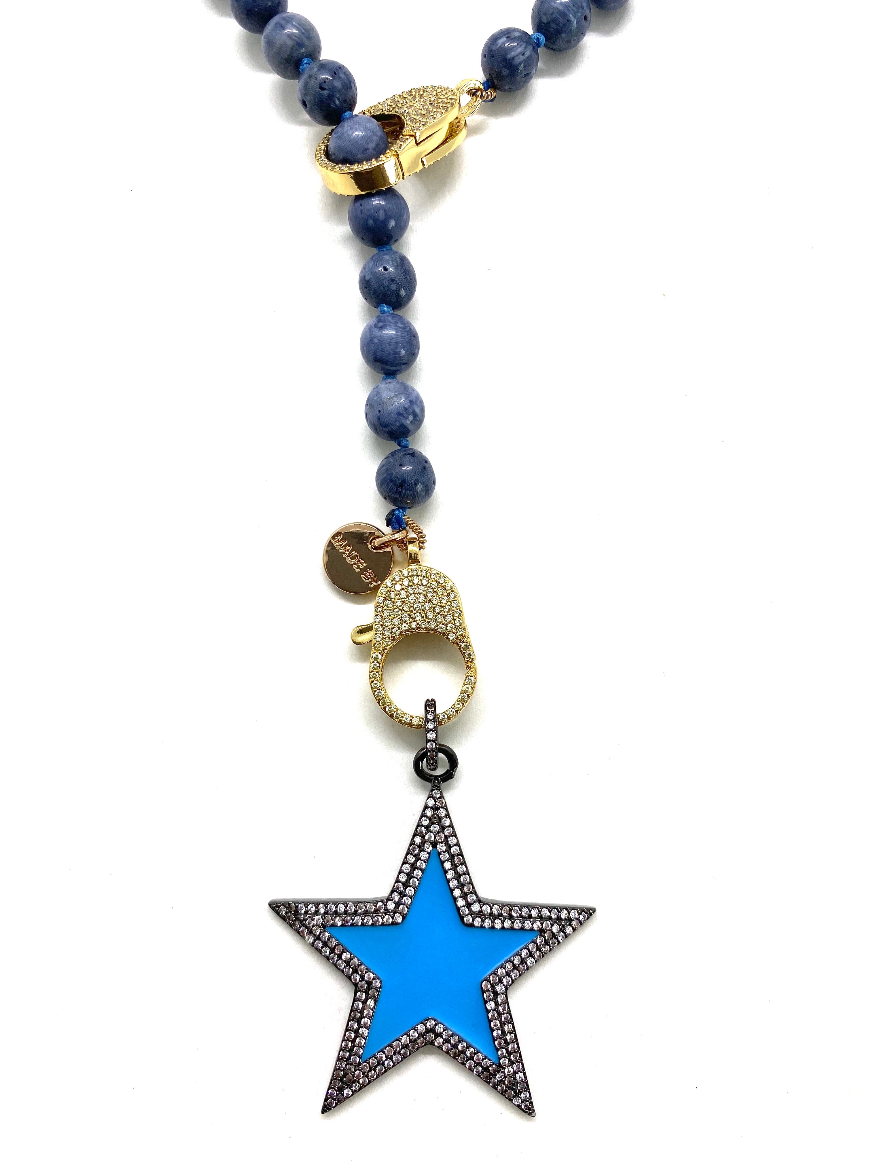 Blue coral Gaia necklace, blue star pendant, gold zirconia clips