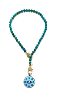 Chrysocolla Gaia necklace, gold zirconia clips