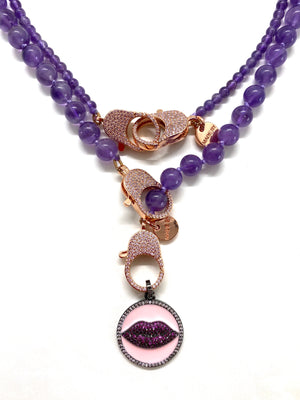Amethyst Gaia necklace, red lips pendant, gold zirconia clips