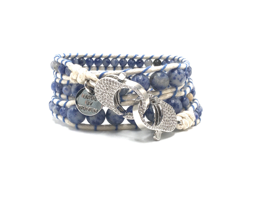 Blue sodalite wrap bracelet, silver clips