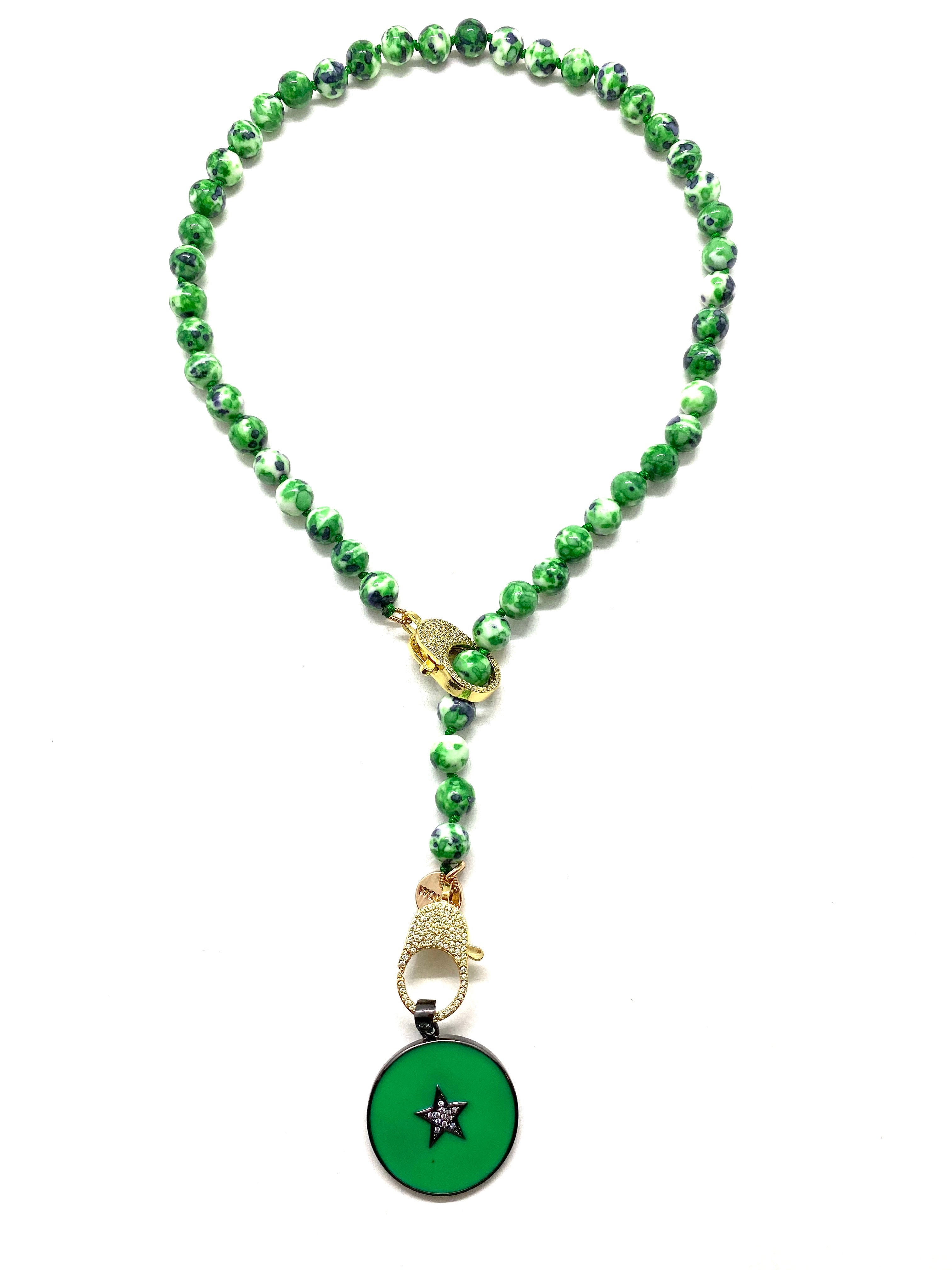 Green rainbow Gaia necklace, green round star pendant gold clips