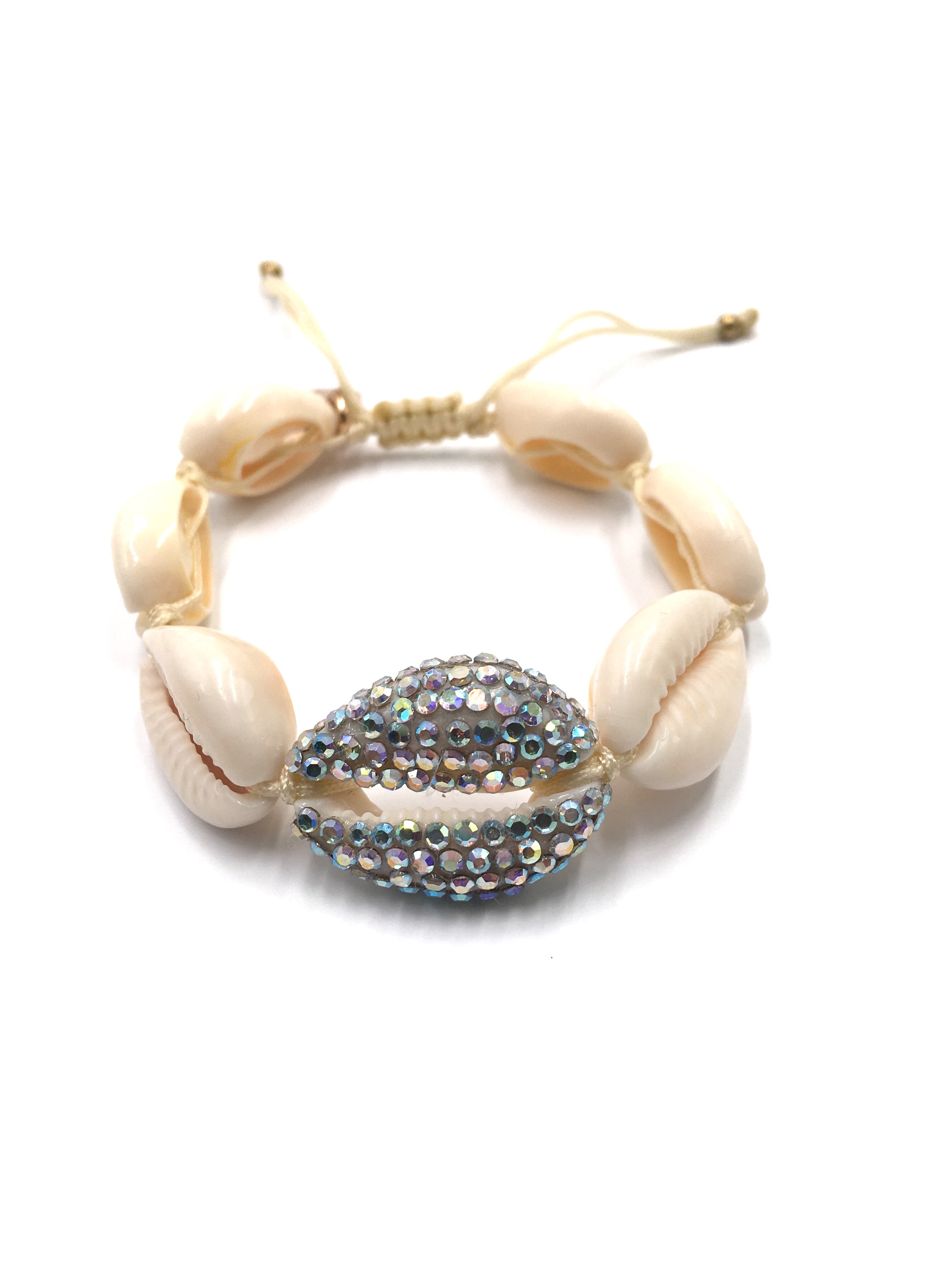 Natural shell bracelet, with Swarovski AB studded central shell, and cream cord