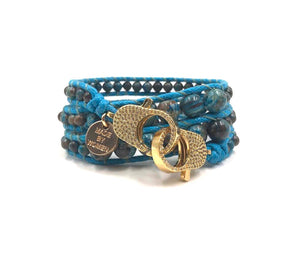 Blue crazy  lace agate stone wrap bracelet, gold clips