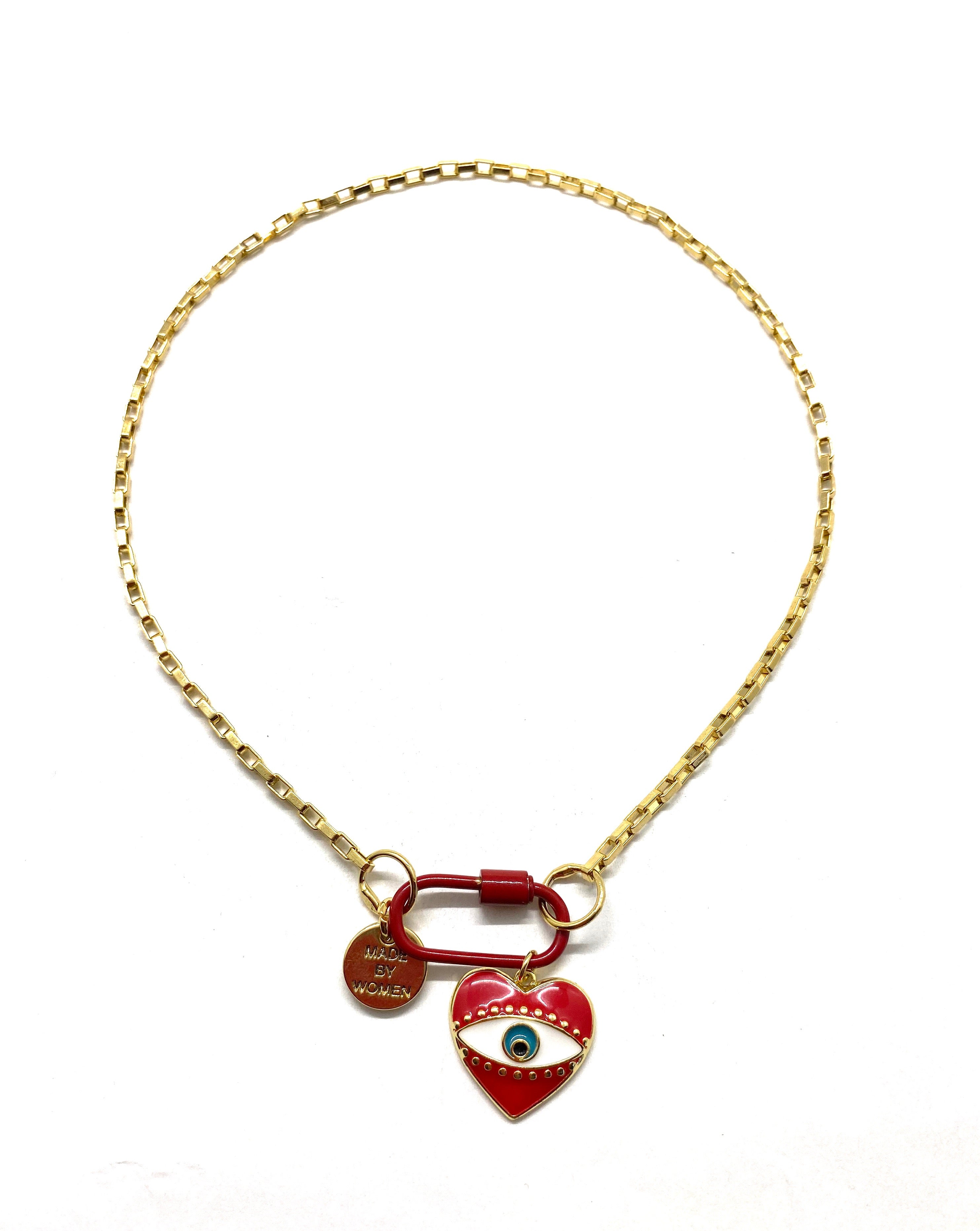 Red link gold chain hardware necklace, red heart pendant
