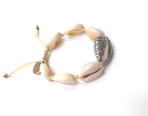 Natural shell bracelet, with Swarovski AB studded central shell, and cream cord