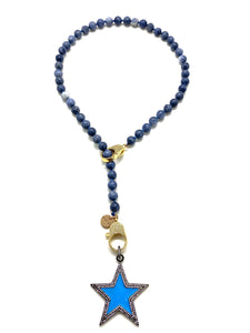 Blue coral Gaia necklace, blue star pendant, gold zirconia clips