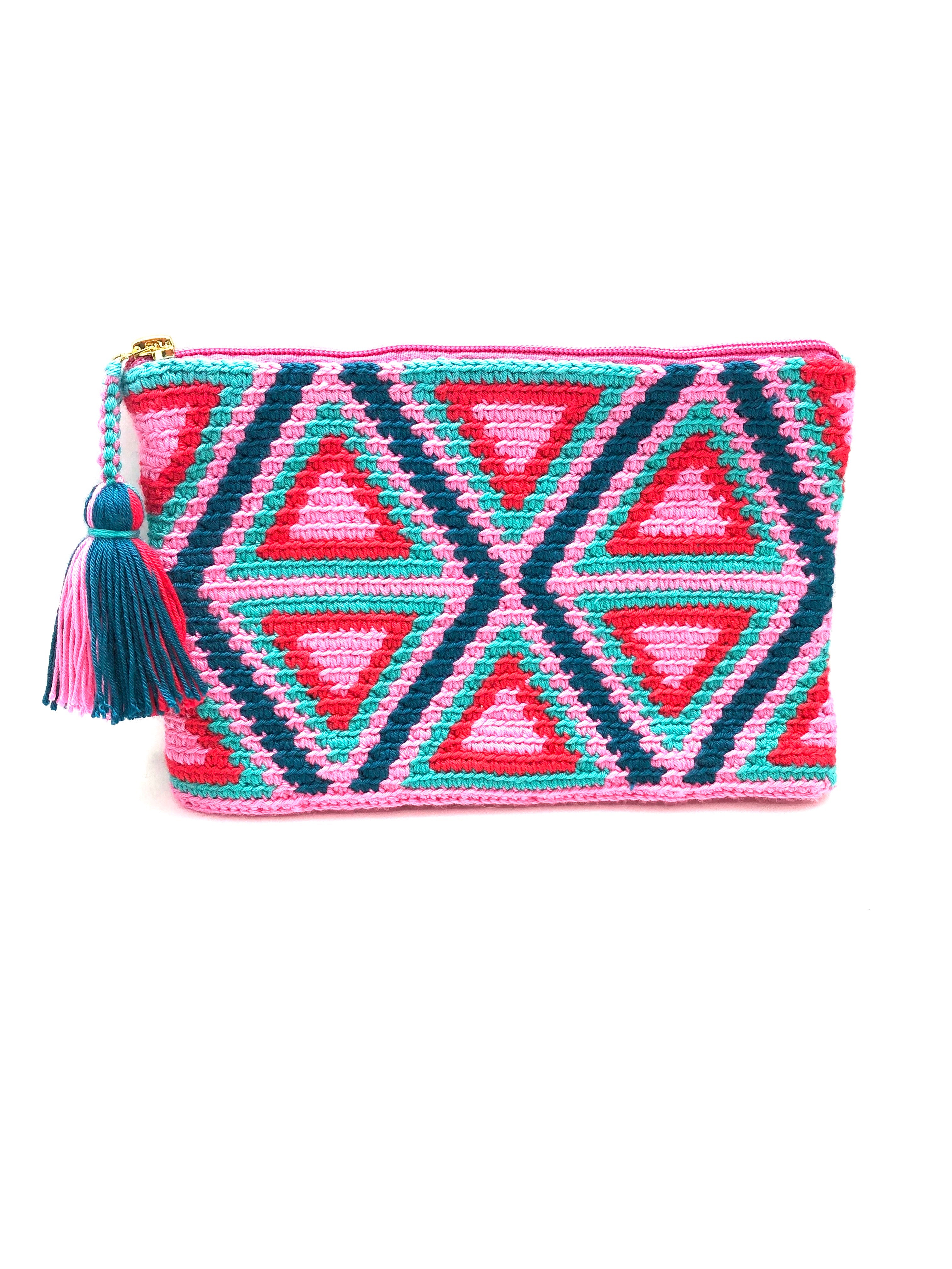 Clutch, with red, pink, turquoise and petrol triangle pattern with tassel.