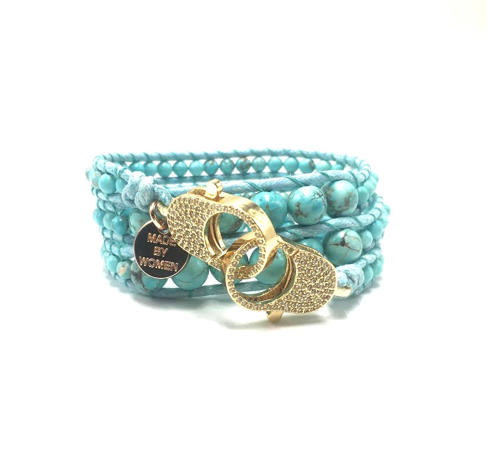 Turquoise blue wrap bracelet, gold clasp