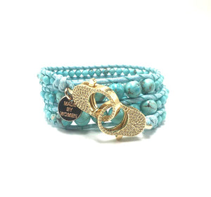 Turquoise blue wrap bracelet, gold clasp