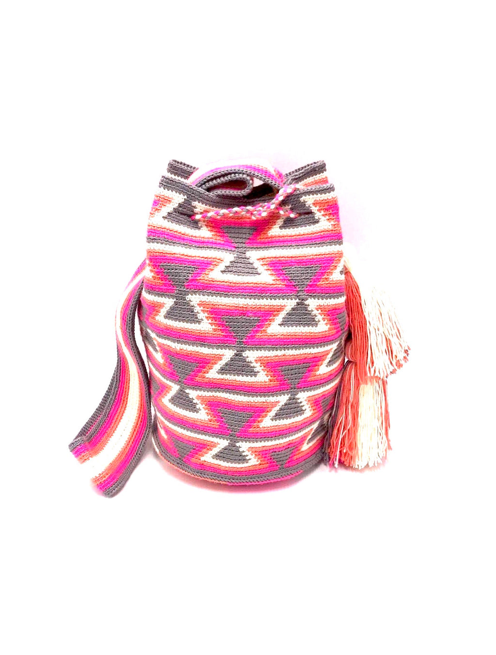 Pompom bag, wayuu pattern, coral, pink and grey.