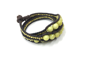 Triple Wrap around bracelet, yellow bead brown cord