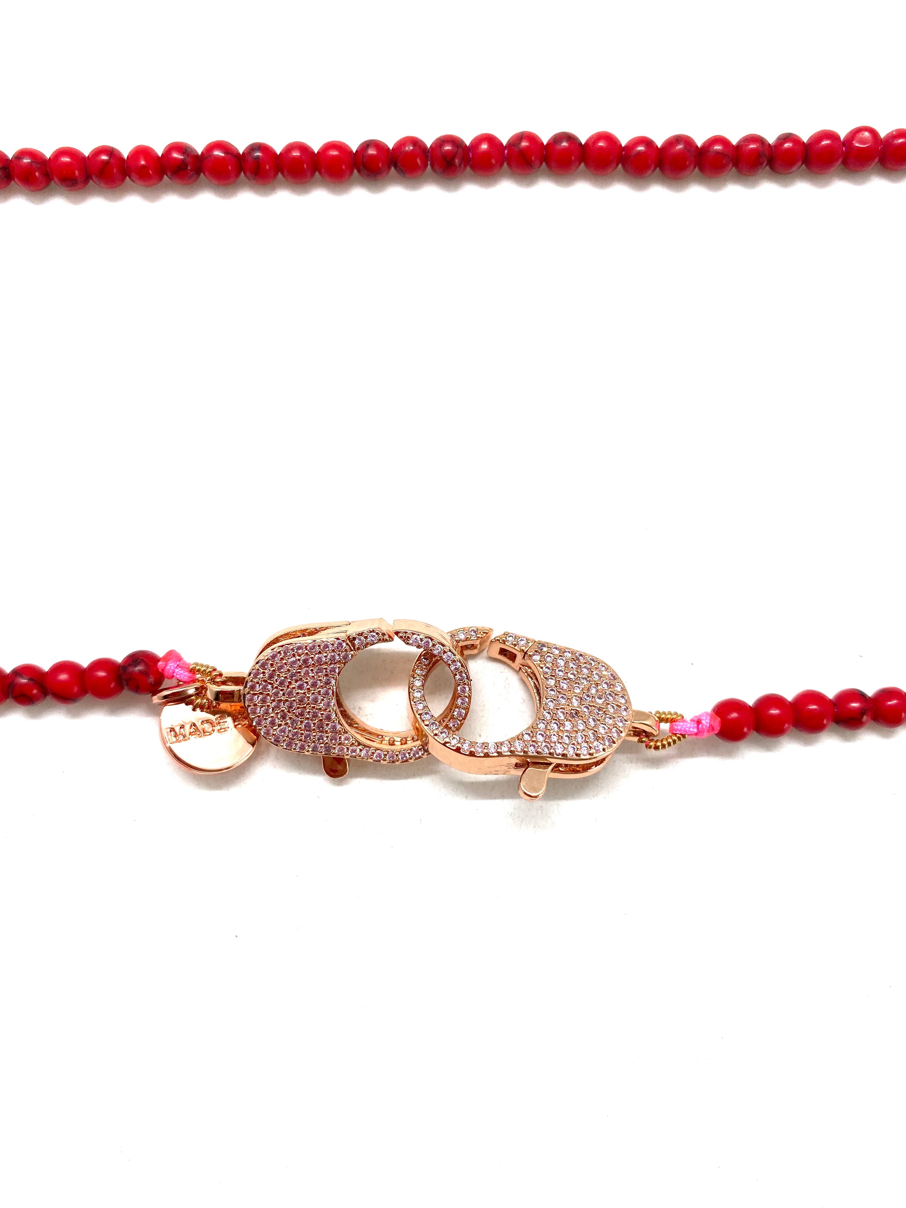 Red Christine necklace, rose gold clips