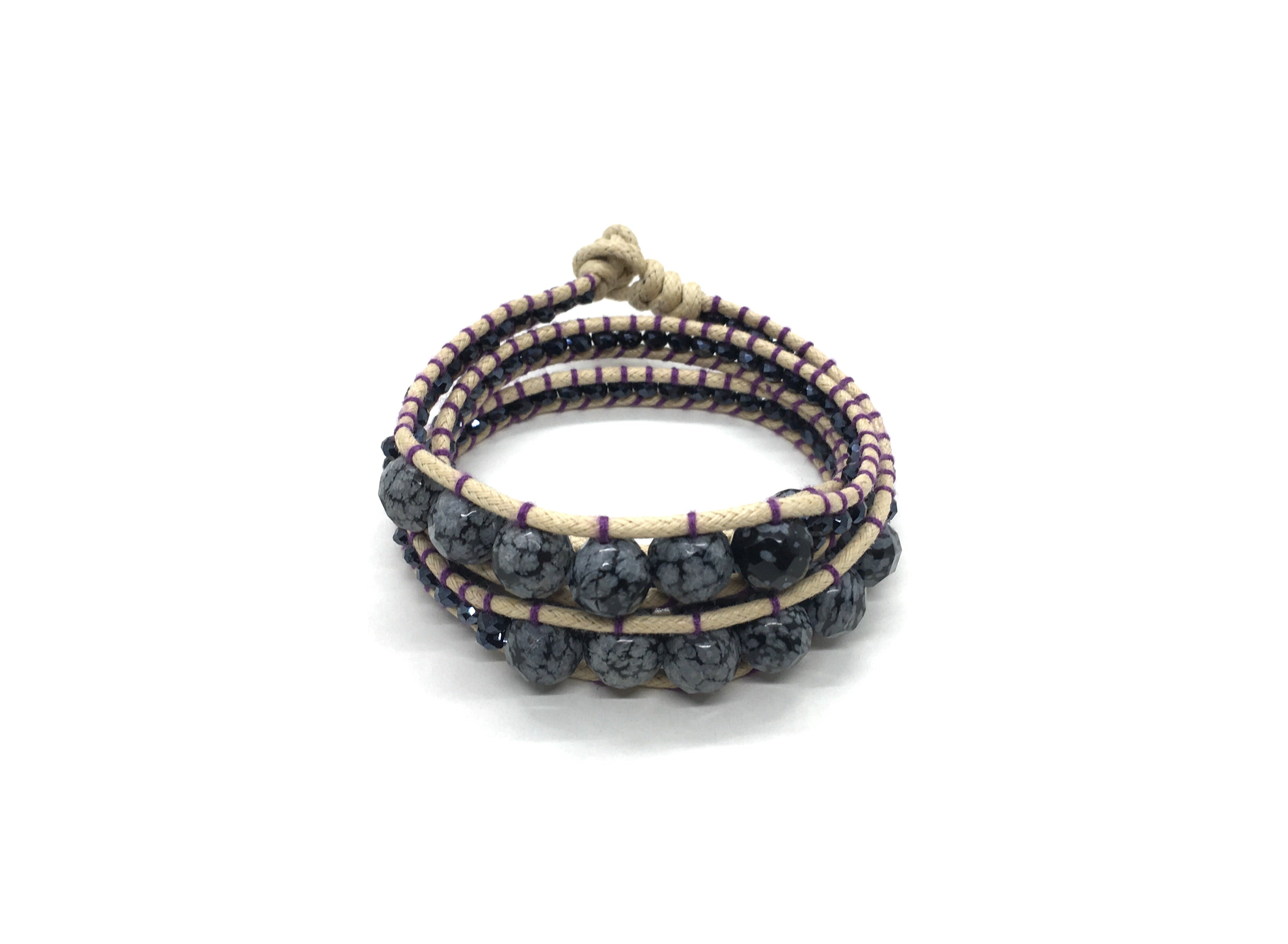 Wraparound bracelet, Marble grey, Obsidian stone.