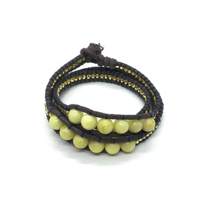 Triple Wrap around bracelet, yellow bead brown cord