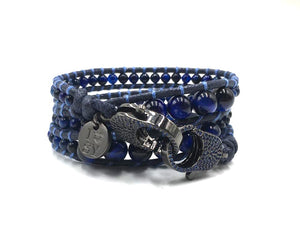 Blue tiger lapis wrap bracelet, black clips