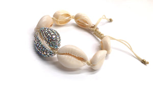 Natural shell bracelet, with Swarovski AB studded central shell, and cream cord