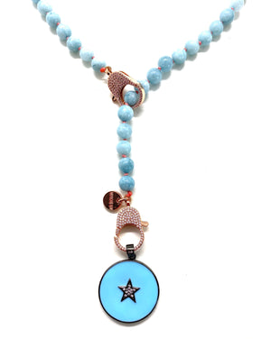 Blue jade Gaia necklace, blue sta pendant, rose gold clips