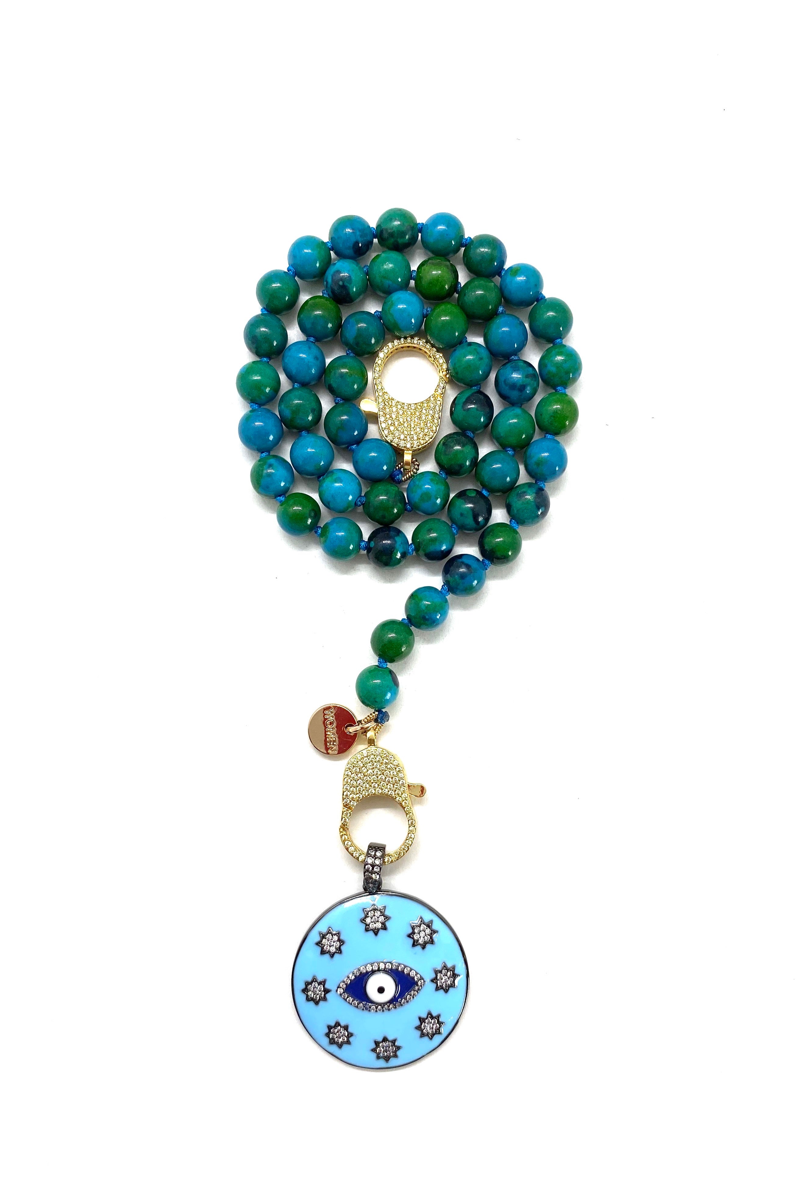 Chrysocolla Gaia necklace, gold zirconia clips