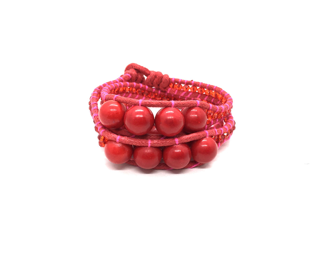 Wrap bracelet red stone, translucent crystal side beads