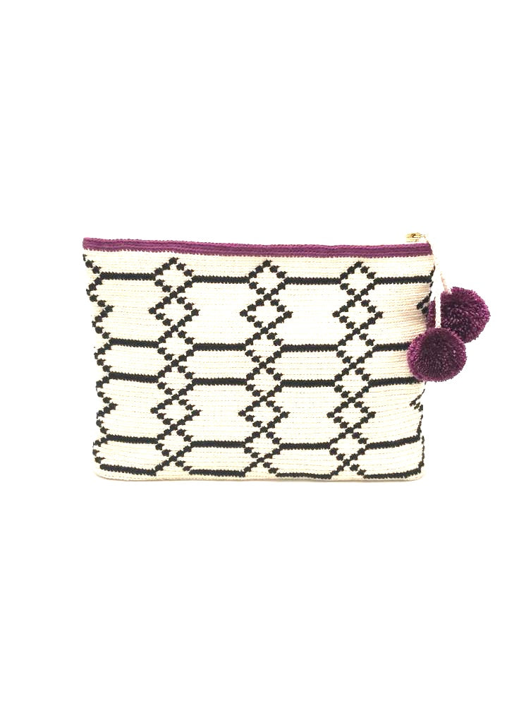 Clutch, Off white body, black sequence geometric pattern with pompom.