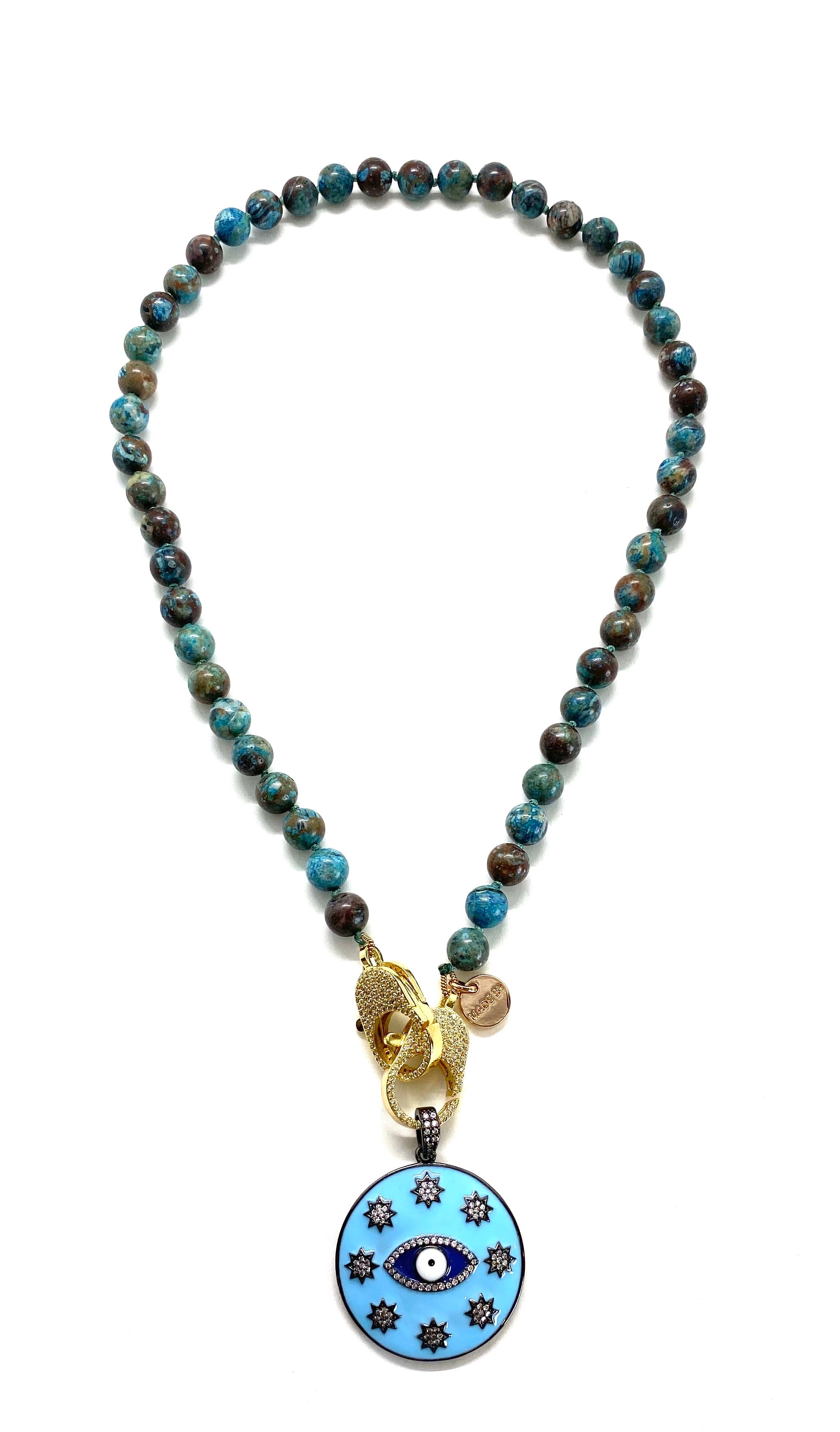 Blue crazy lace agate Gaia necklace, gold zirconia clips