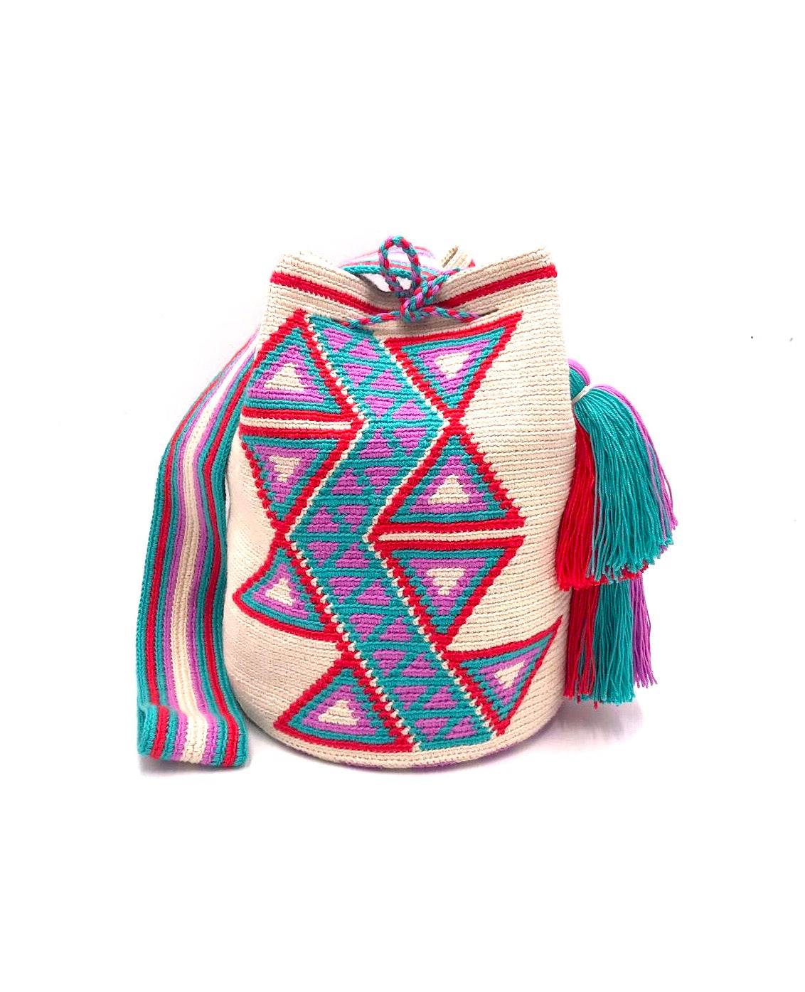Cream color bag, central red and turquoise triangles with central turquoise sequence with little purple triangles and 2 tassels.
