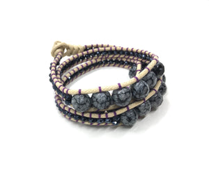 Wraparound bracelet, Marble grey, Obsidian stone.