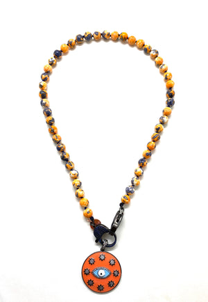 Yellow rainbow Gaia necklace, dark blue zirconia clips