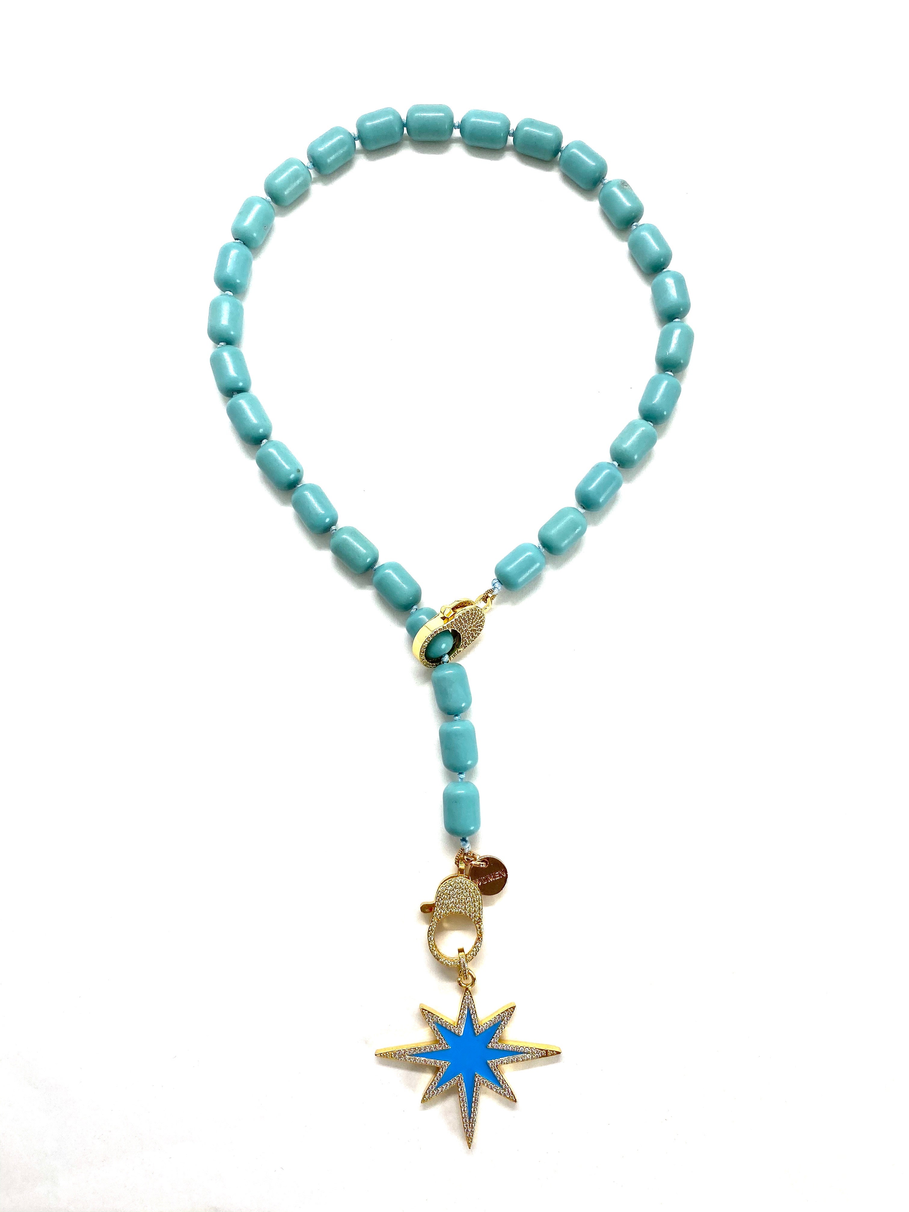 Turquoise Gaia necklace, blue star pendant, gold zirconia clips