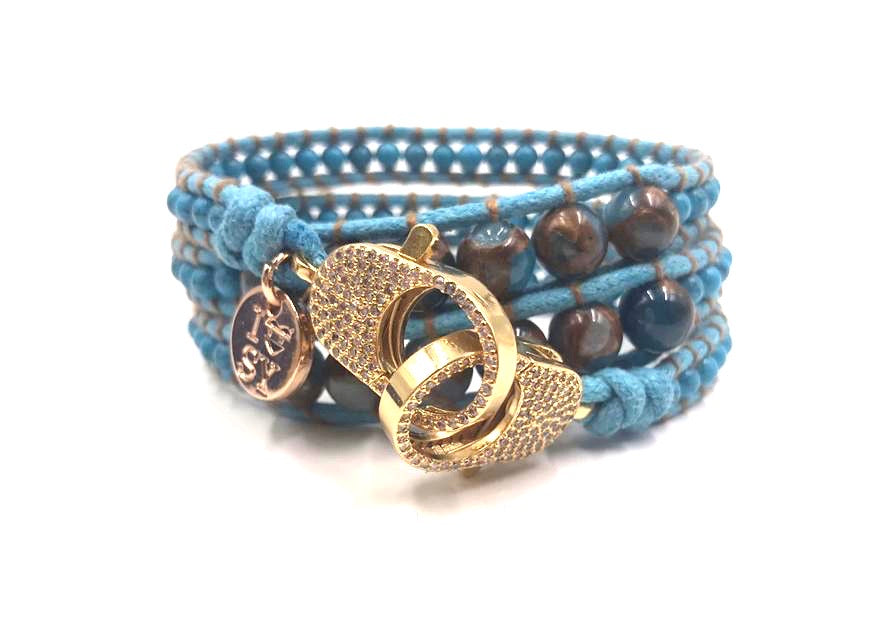 Blue colored cloisonne wrap bracelet, gold clips