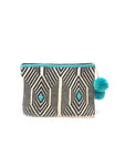Honeycomb clutch, off white body, black sequence and turquoise with turquoise pompoms.