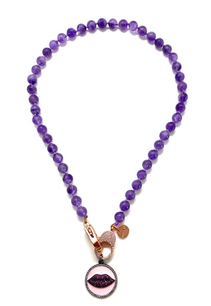 Amethyst Gaia necklace, red lips pendant, gold zirconia clips
