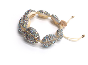 Natural shell bracelet, AB Swarovski crystals studded, and cream cord