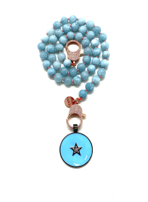 Blue jade Gaia necklace, blue sta pendant, rose gold clips