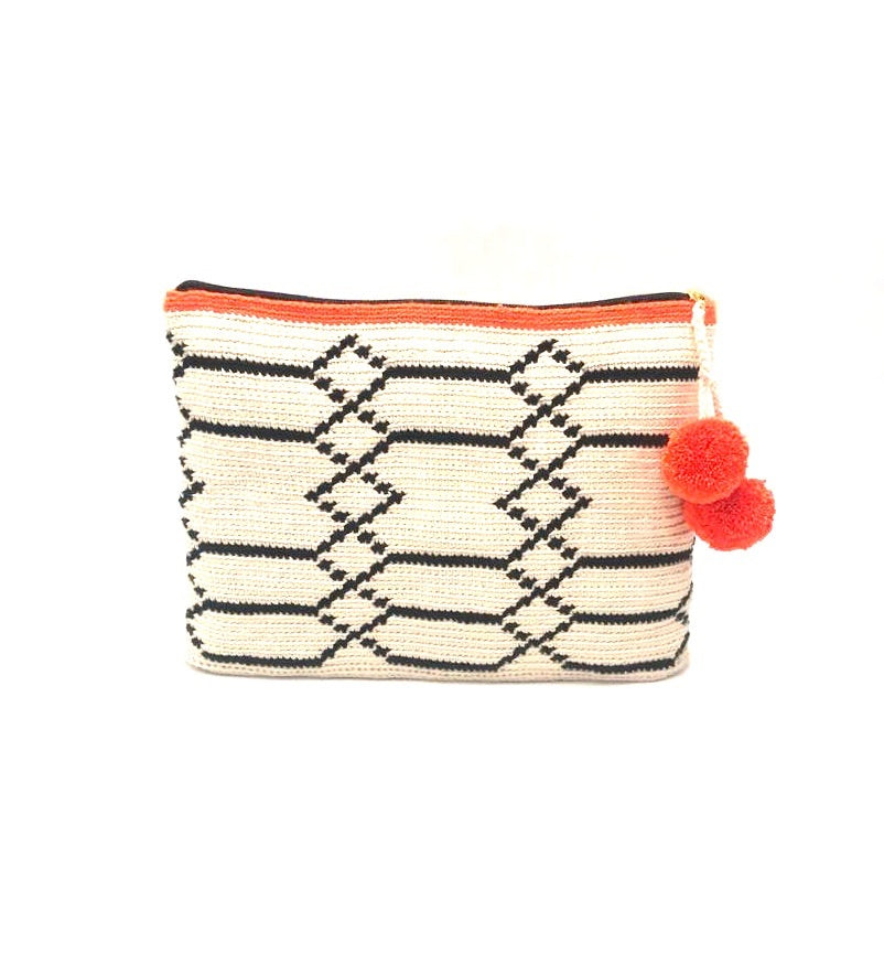 Clutch, Off white body, black sequence geometric pattern with pompom.
