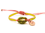 Shell bracelet, glitter green enamel, milky translucent green seed beads and salmon cord